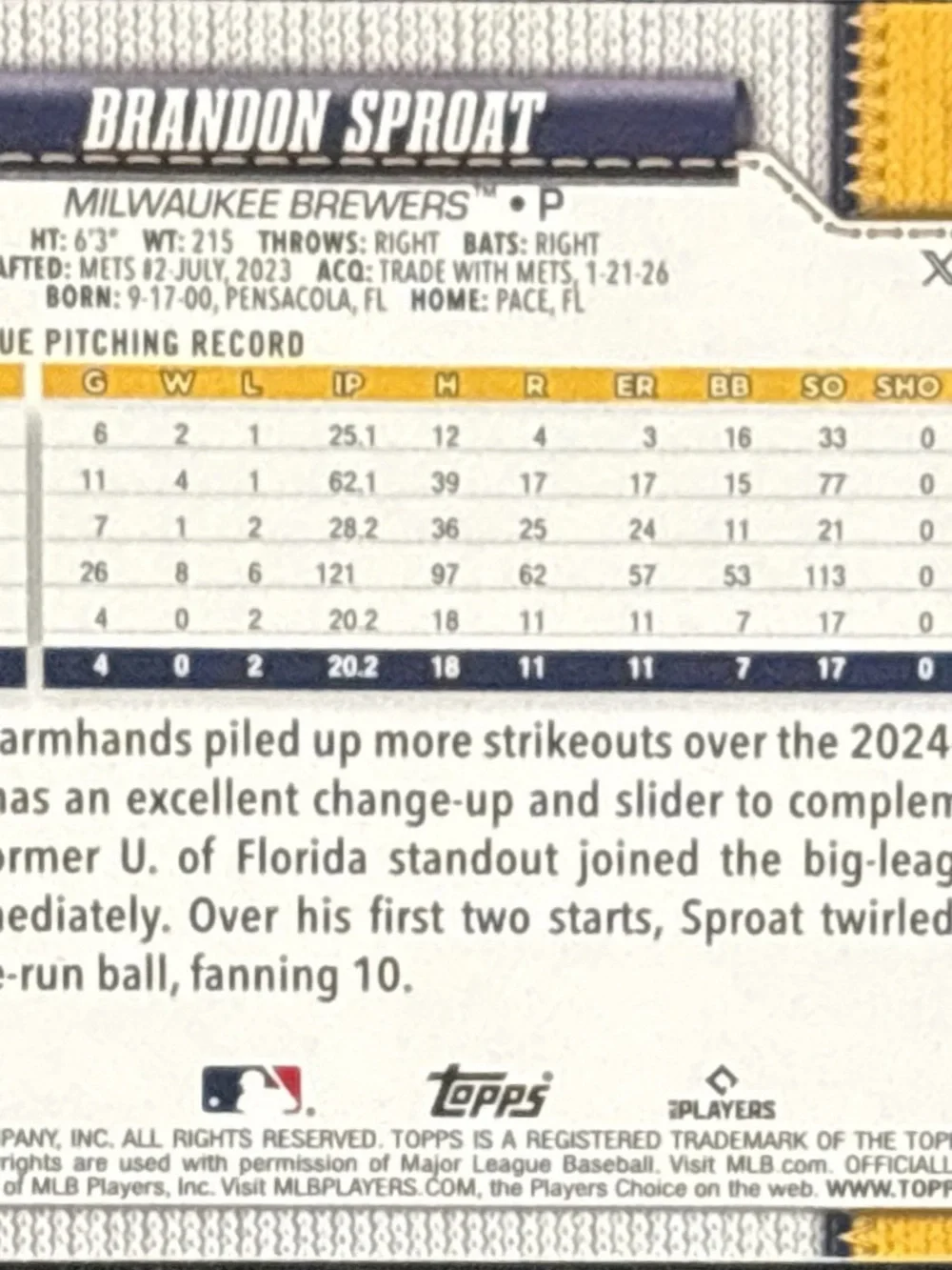 Topps Milwaukee Brewers Brandon Sproat Rookie Baseball Card